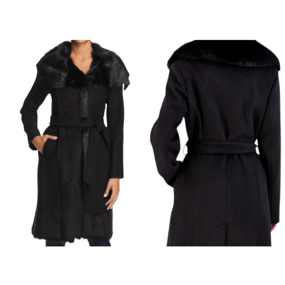 Vince Camuto Women's Full-Zip Faux Fur Trim Mid Length Coat Medium Belt Pockets